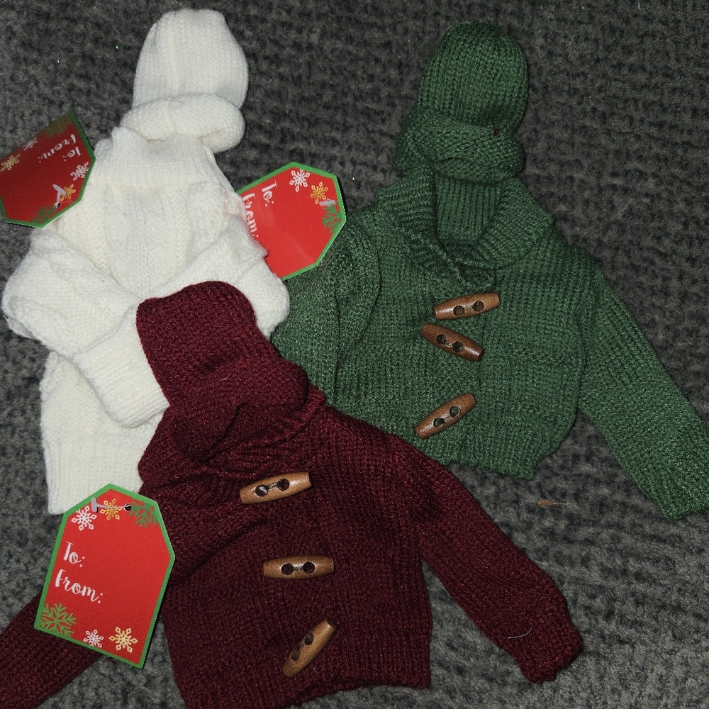 Set of Miniature Sweaters in Green, White, and Burgundy NWT
